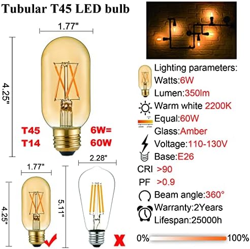 LiteHistory E26 LED Izzó 6W Egyenértékű E26 60 wattos Izzó Meleg Fehér 2200K Amber E26 Edison-Izzó szabályozható