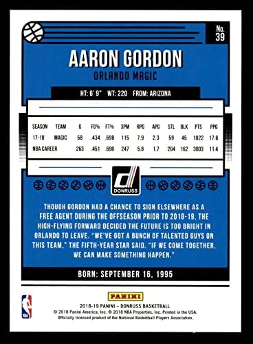2018 Donruss 39 Aaron Gordon Orlando Magic (Kosárlabda Kártya) NM/MT Mágikus Arizona